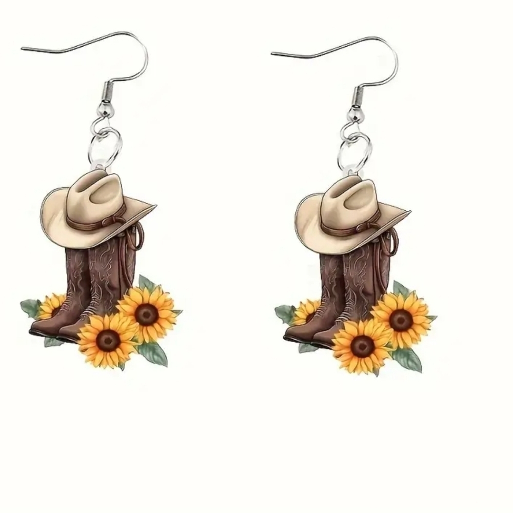 New rustic women's cowgirl sunflower boots dangling acrylic fashion earring